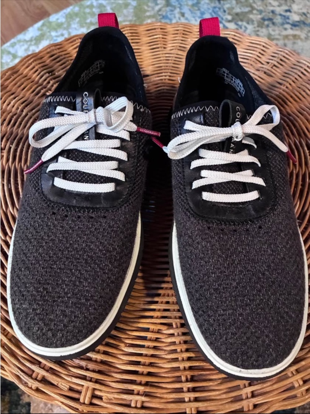 Cole Haan Stitch light , Black Knit Trainers with White Laces and Red Pull Tabs